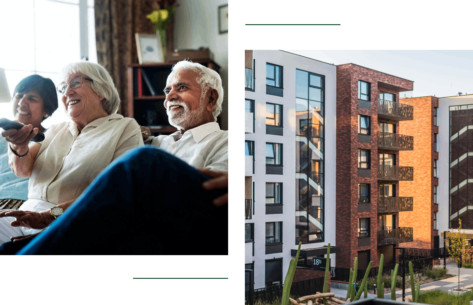 Senior people watching television together, Apartment Buildings